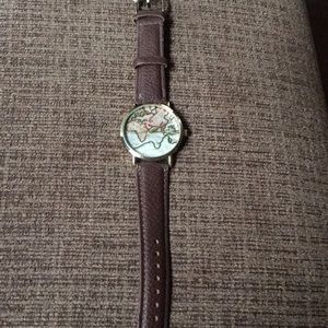 World map watch with brown leather band